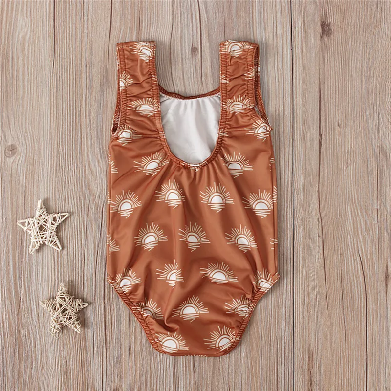 

Girl\u2019s Casual Sleeveless Swimsuit Fashion Sun Printing Round Neck Triangle Swimwear