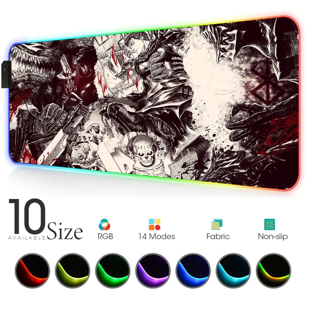 

Коврик для мыши Berserk в стиле аниме, игровой коврик Rgb с подсветкой, яркий светильник для компьютера и ноутбука