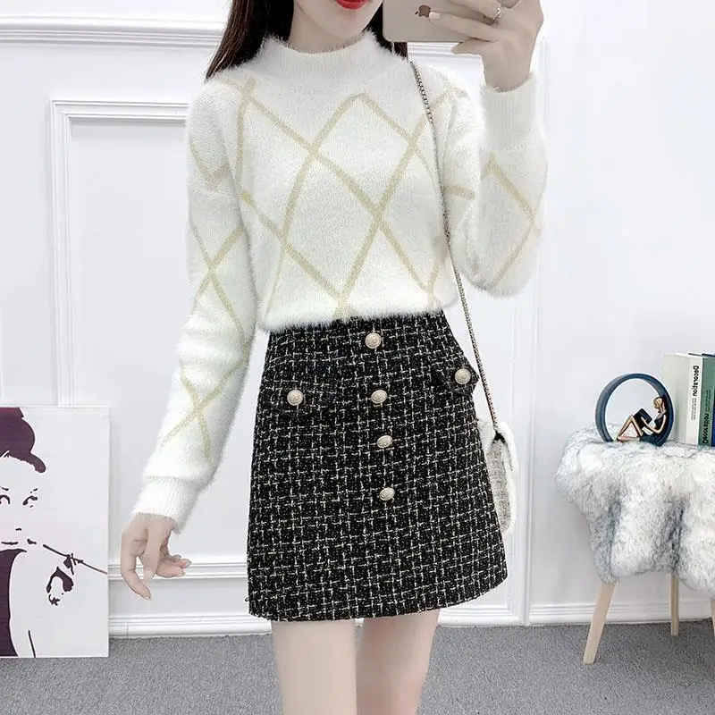 

Women 2022 Autumn Winter Knit Long Sleeve Sweater Set Female Fashion Sweet Pullover Tops + Plaid High Waist Mini Skirts Sets E76