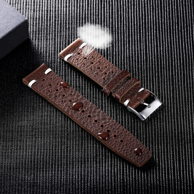Leather Watch Strap 18mm 20mm 22mm Waterproof Sweatproof  Porous Breathable Watch Band Belt Wist Bracelet Black Brown