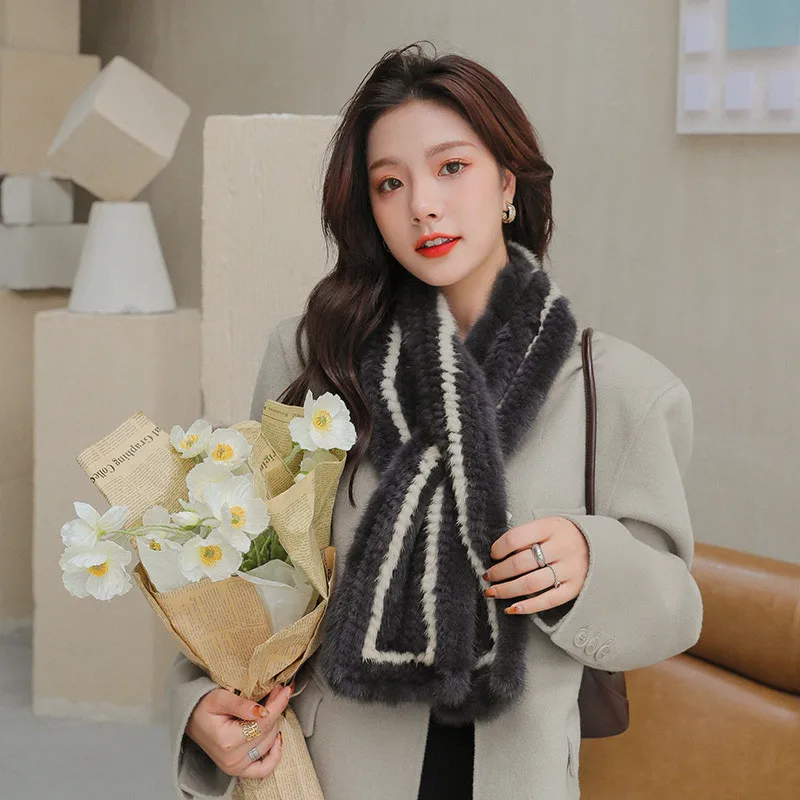 

2021 New Ladies Winter Mink Fur Woven Fur Plush Scarf Fashion British Style Series High Quality Mink Plush Scarf