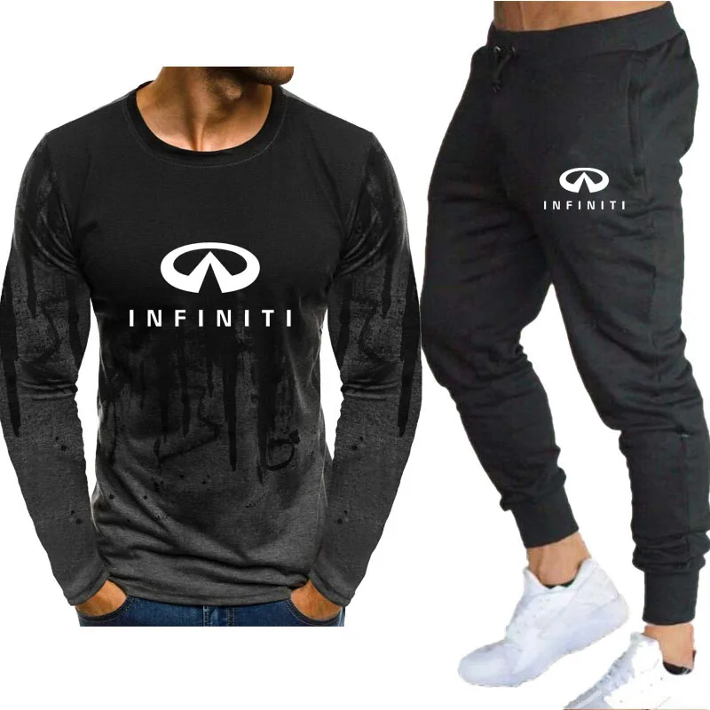

High-quality cotton Long sleeve set mens Infiniti logo print sports Harajuku Men's Suit Splash ink T-Shirt Casual 2-piece set