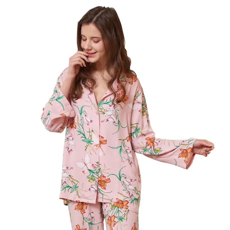 

Women 2PCS Pink Pajamas Set Sweet Flower Print Sleepwear Spring Cotton Home Wear Lounge Turn-down Collar Shirt&Pant Nightwear