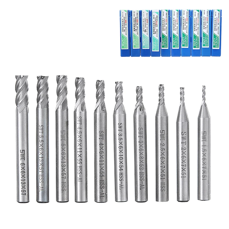 10 шт./компл. 4 флейты Концевая фреза Набор HSS прямой хвостовик фрезы для создания