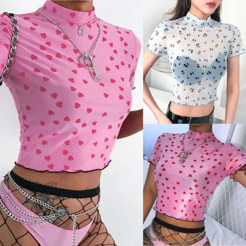 Женская сетчатая водолазка с маленьким красным сердечком 2019 прозрачные дымчатые