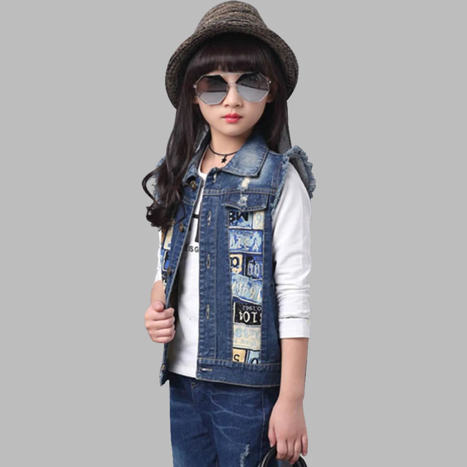 Жилет для девочек джинсовый жилет с дырками куртка Модный принтом Новинка