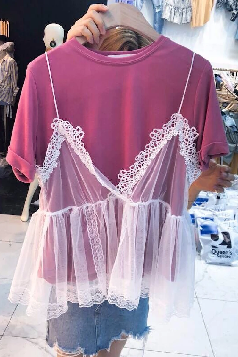 

2021 Summer New Loose Fashionable Lace Sling Short Sleeve O Neck T-Shirt Two-piece Casual All Match Tops