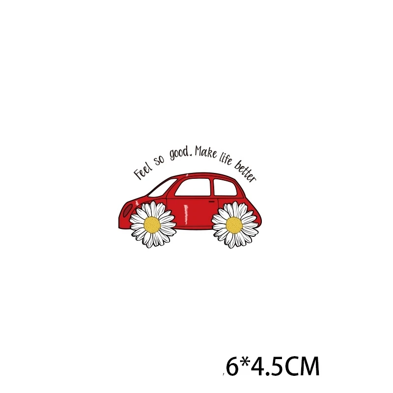 

1PCS Cartoon Red car Daisy tire Daisy Plant Flowers Pattern On Clothes Applique Decor Heat Transfer for Clothing Printed