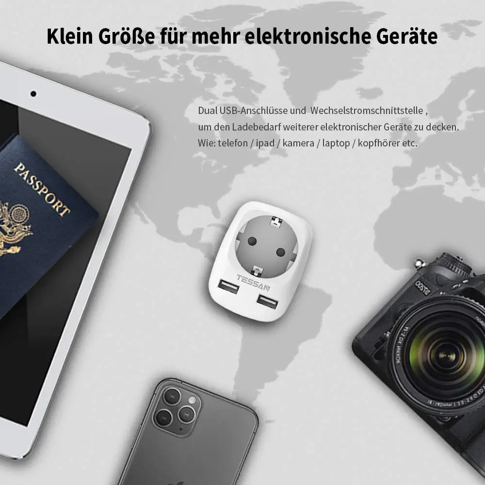 Дорожный адаптер TESSAN с 2 USB-портами (a) контакта Европа-3 США настенное зарядное