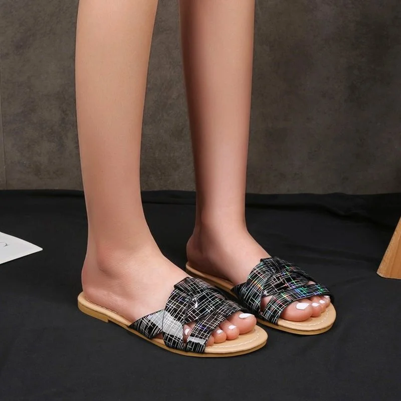 

2021 Summer Slides Women's Sequined Women Beach Shoes Fashion Low Heel Rubber Slides