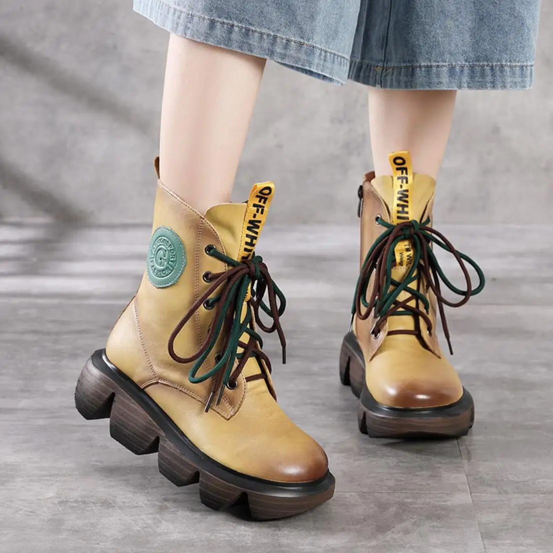 Koovan Women's Boots 2021 Autumn And Winter Retro National Style Boots Patchwork Handmade Real Leather Shoes Women's Shoes