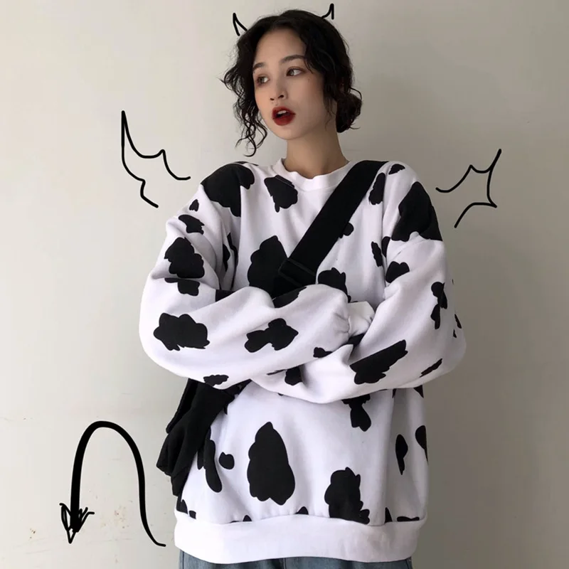 

2020 Cute Autumn Hoodie Sweatshirt Women Tops Loose Casual Milk Print Hoodie Streetwear Girl Pullover Japan Hoodies Funny Female