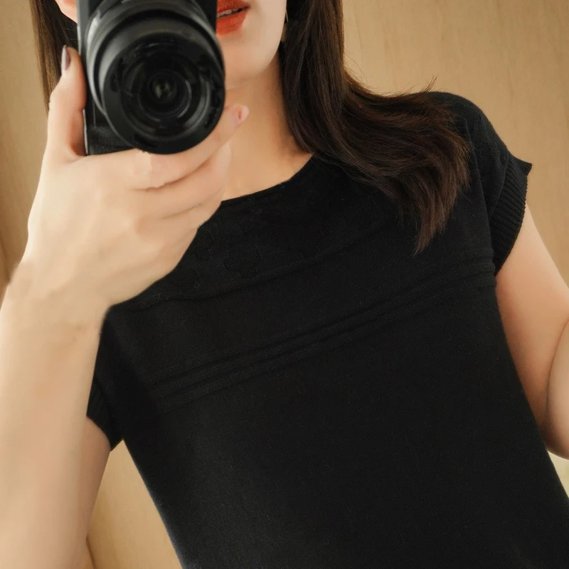 

2021Spring And Summer New Female Tops Knit 100% Cotton Solid Loose Short Sleeve O-Neck Pullover Multicolor Elegant Fashion Women