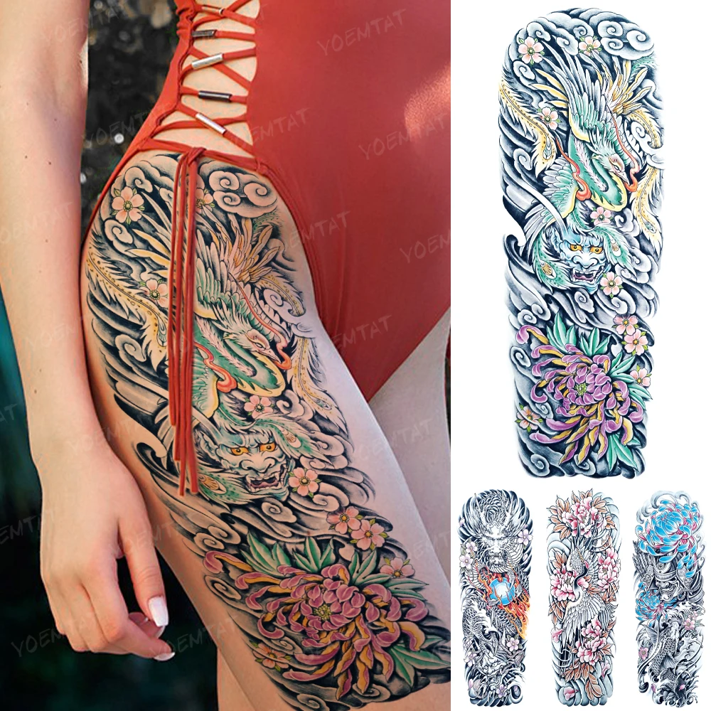 

Transfer Temporary Tattoo Stickers Japanese Traditional Dragon Phoenix Prajna Chrysanthemum Spray Woman Man Arm Fake Sleeve Tato