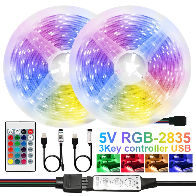 

Strip Lights 5V USB LED RGB pc tv backlight DC flexível diodo 2835 3key controle fita irneon luzes de tira bluetooth fita