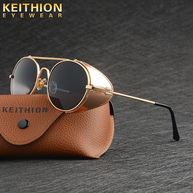 

KEITHION Round Steampunk Sunglasses Men Retro Sunglasses Mens Gothic Vintage Metal For Women Visor Side Shields Circle