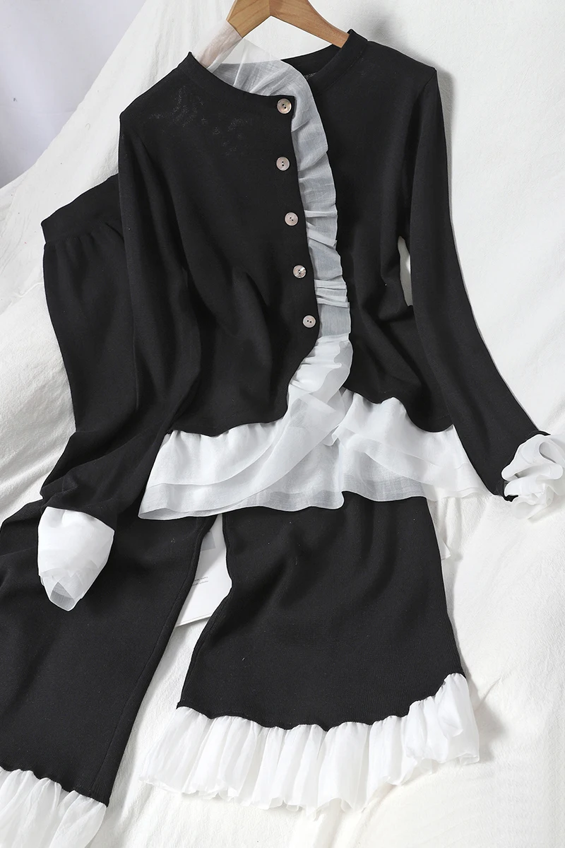 

Autumn Winter Black Knit Two Piece Set Women Vintage Ruffle Cardigan Sweater And Wide Leg Pants Lady Suit New Fashion 2020