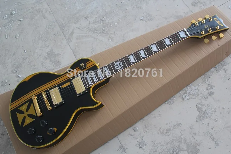 

Бесплатная доставка, матовый черный... Стандартная серия .. Металлическая электрическая гитара James Hetfield с золотым крестом 1451