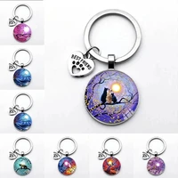 cute cat in the night sky glass cabochon keychain pendant jewelry cat in the female flower tree pendant key ring gift