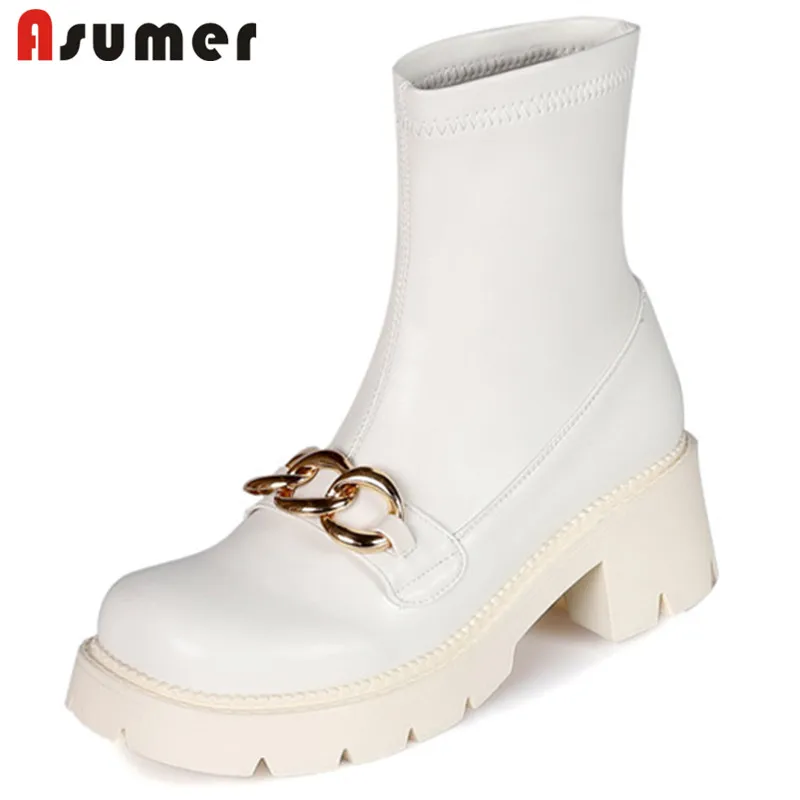 

Женские ботильоны на платформе Asumer, черные эластичные ботинки без застежки, на квадратном каблуке, с цепочкой, Осень-зима 2022