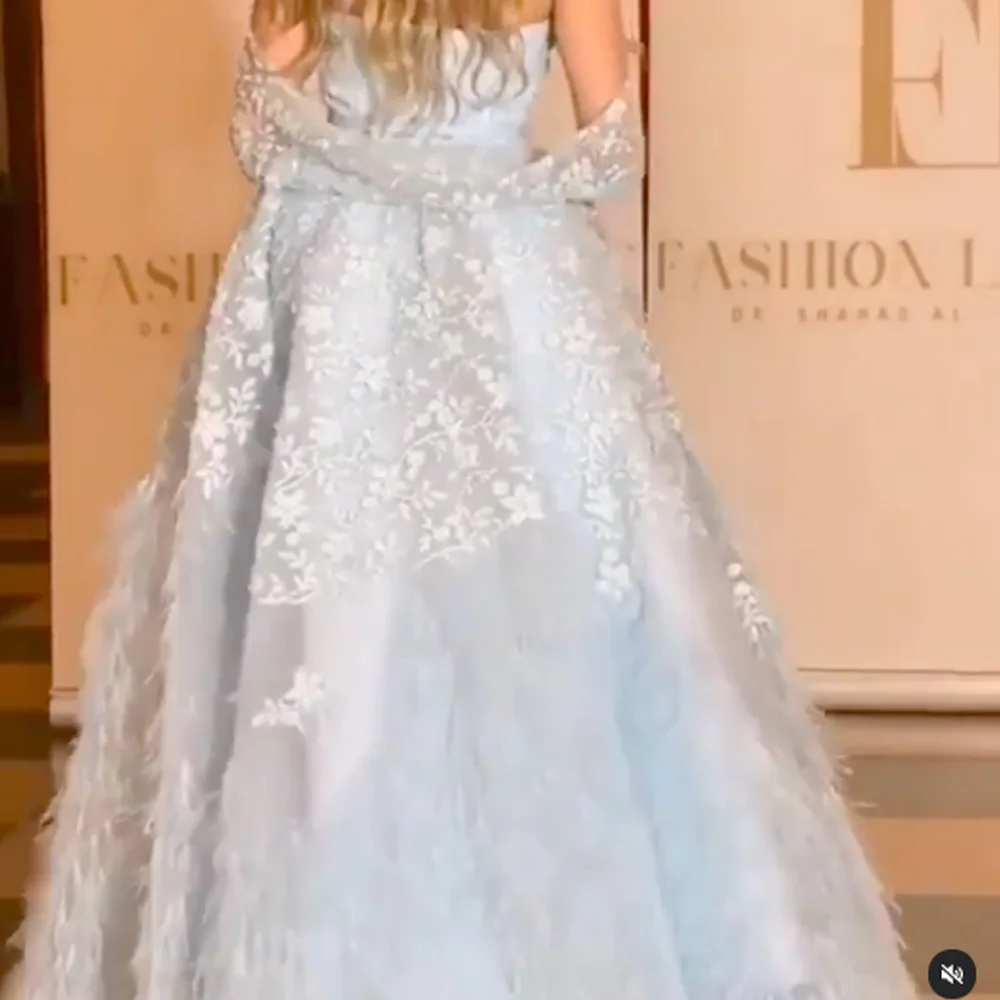 blue prom dresses 2021 sweetheart neckline lace appliques feather ball gown floor length evening dresses gowns