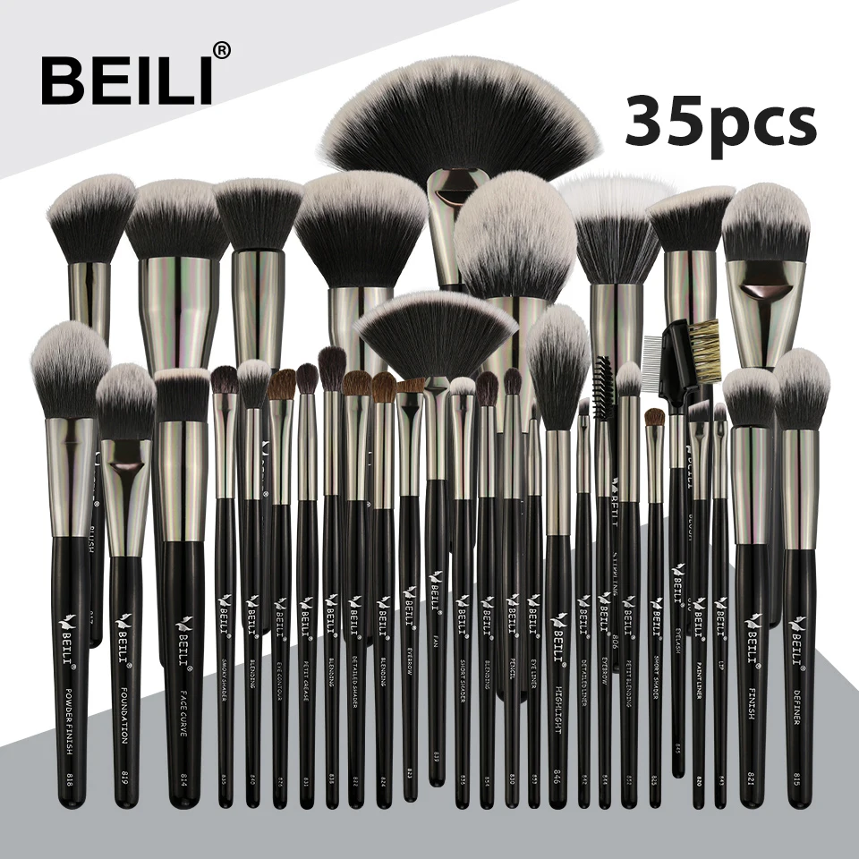 BEILI Black 35 шт. набор кистей для макияжа Профессиональные мягкие натуральные щетинки смешивание брови консилер крем Основа пудра
