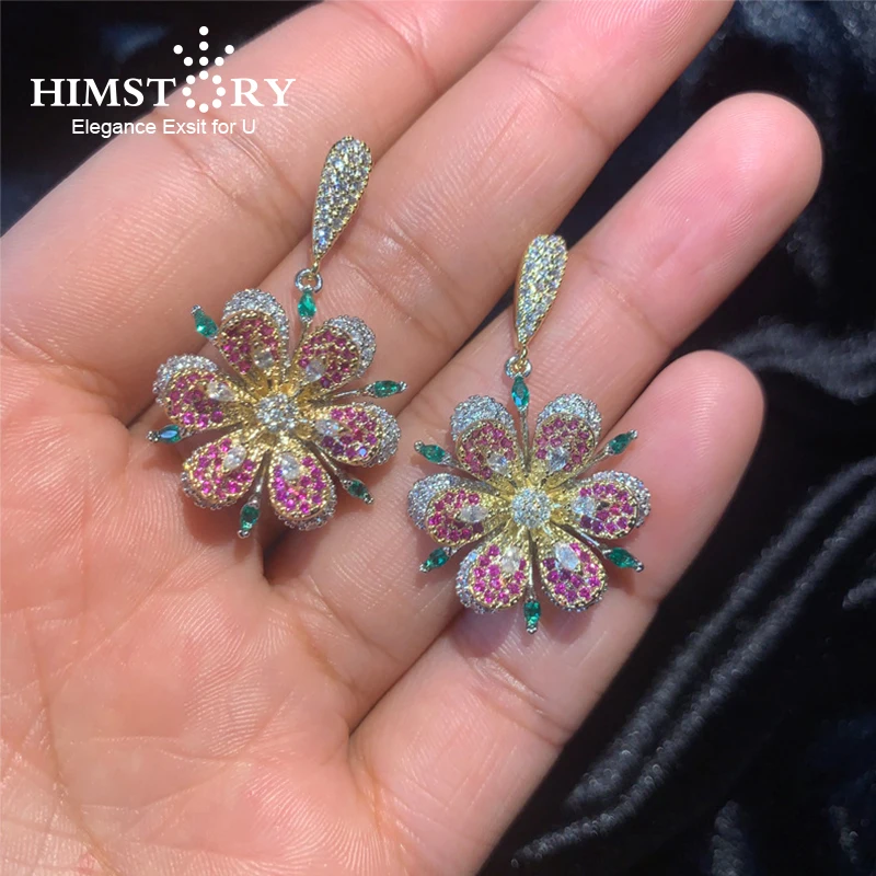 

Himstory Luxury Sparkling Colorful Zircon Earrings Pin Earrings Versatile color Roses Crystal Earrings