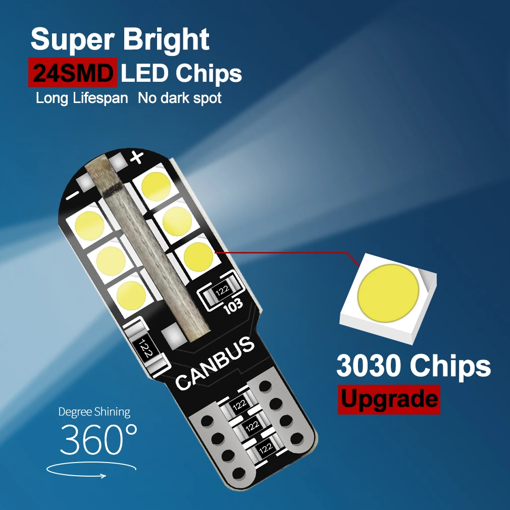 6 шт. T10 W5W Светодиодная Лампа 194 168 24SMD 3030 чипы Canbus без ошибок 6000K чистый белый клин