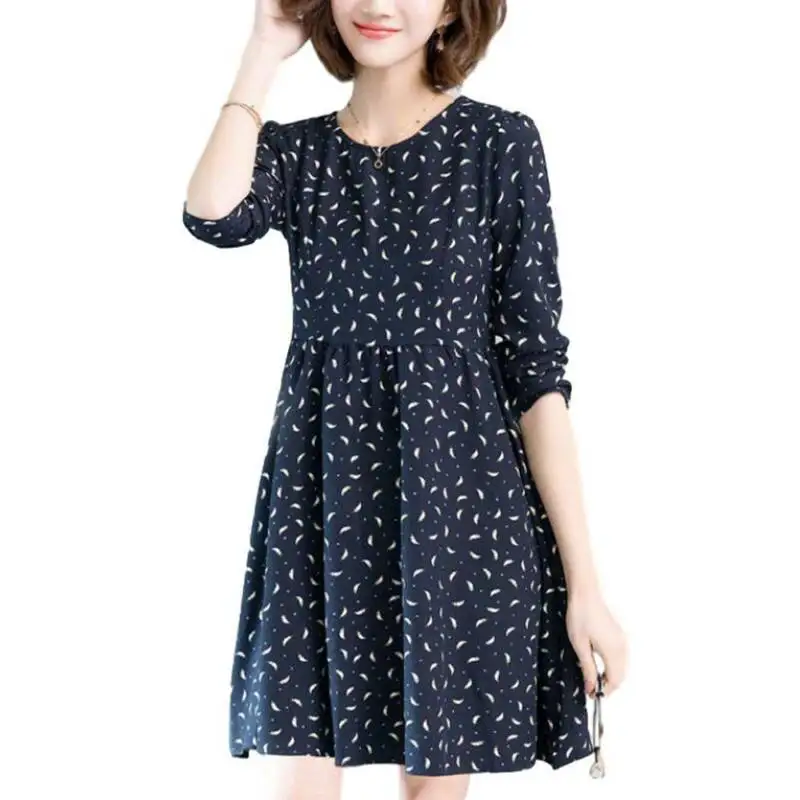 

Women Printed Long Sleeve Midi Dress Casual Holiday Crew Neck Swing A Line Dress