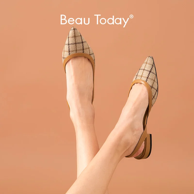 Босоножки BeauToday женские из коровьей кожи в шотландскую клетку с острым носком и