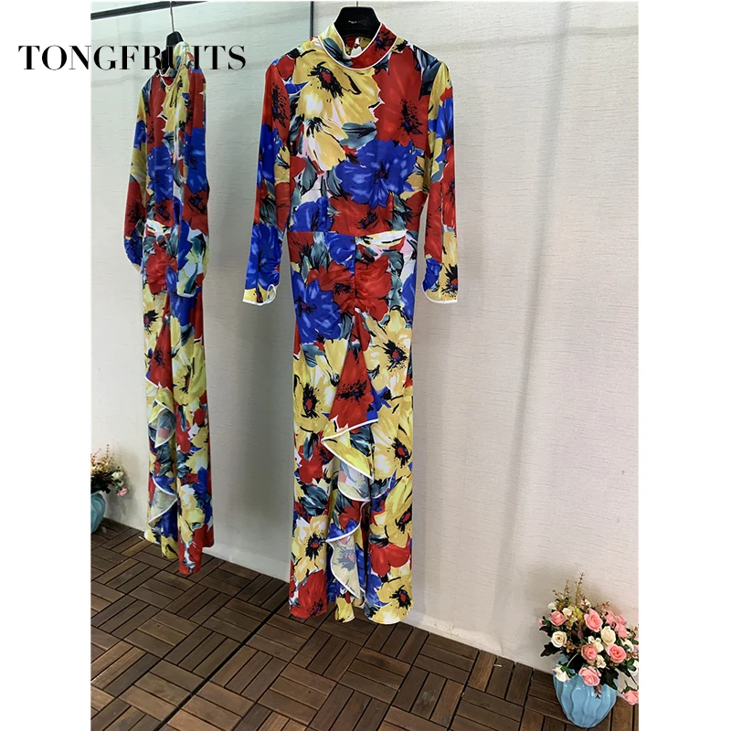 Цветочный цвет с длинными рукавами сексуальное асимметричное платье русалки