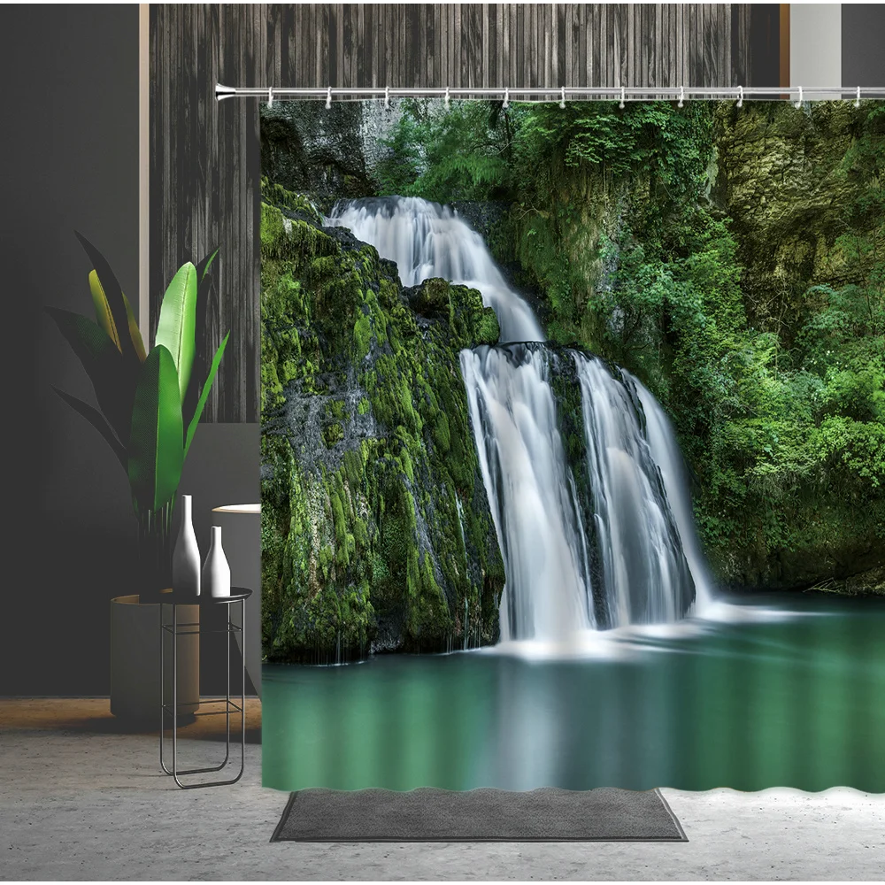 Природные пейзажи Душ Шторы &quotВодопад&quot зеленый лес весенний пейзаж Ванная