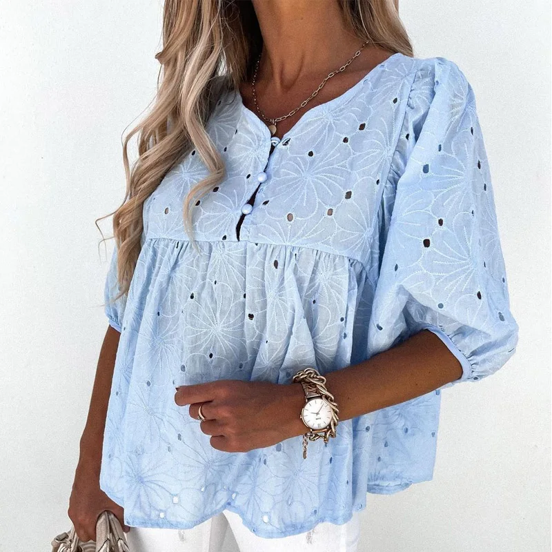 

2021 Summer Women Lantern Sleeve Button Solid Top Blouse Casual Half Sleeve Loose Pullover Top Shirts Fashion Sweatshirt Blusas