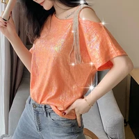 tide brand 2021 summer new womens korean version of loose strapless short sleeved t shirt machine tassel top