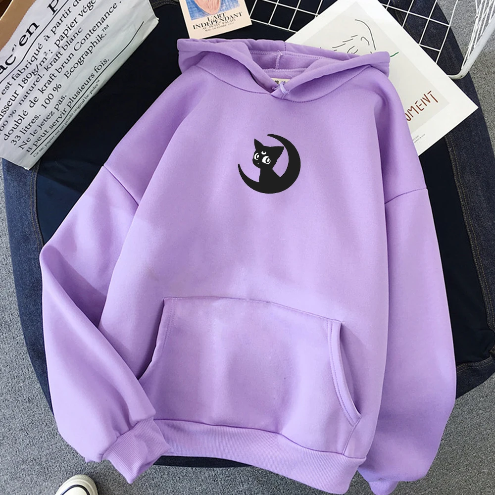 

Kawaii Hoodies Moon Girl Cat Print Warm Anime Cute Sweatshirt Winter Clothes Women Korean Style Teens Harajuku Hoody Streetwear