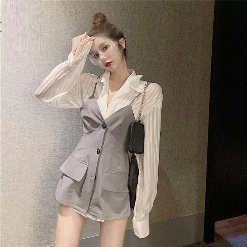 

Spring Autumn Women's Shirt Korean Style Striped Long Sleeve Lapel Casual Shirt New Slim Sling Vest Loose Blouse Tops LL550