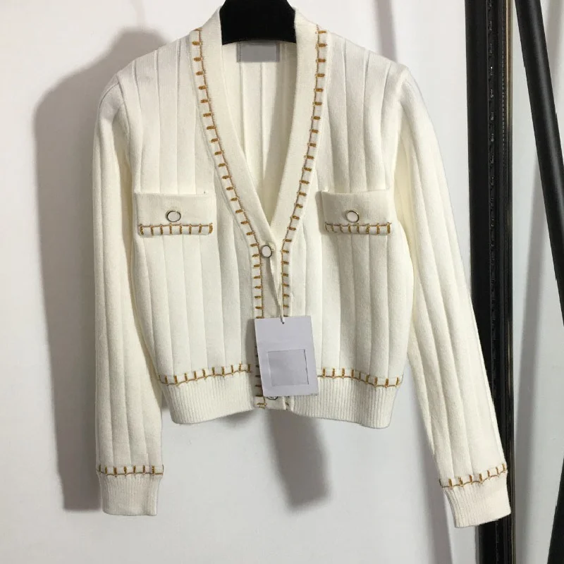 

luxury design fashion bright silk blend small fragrance single breasted stripe knit temperament V-Neck long sleeve cardigan coat