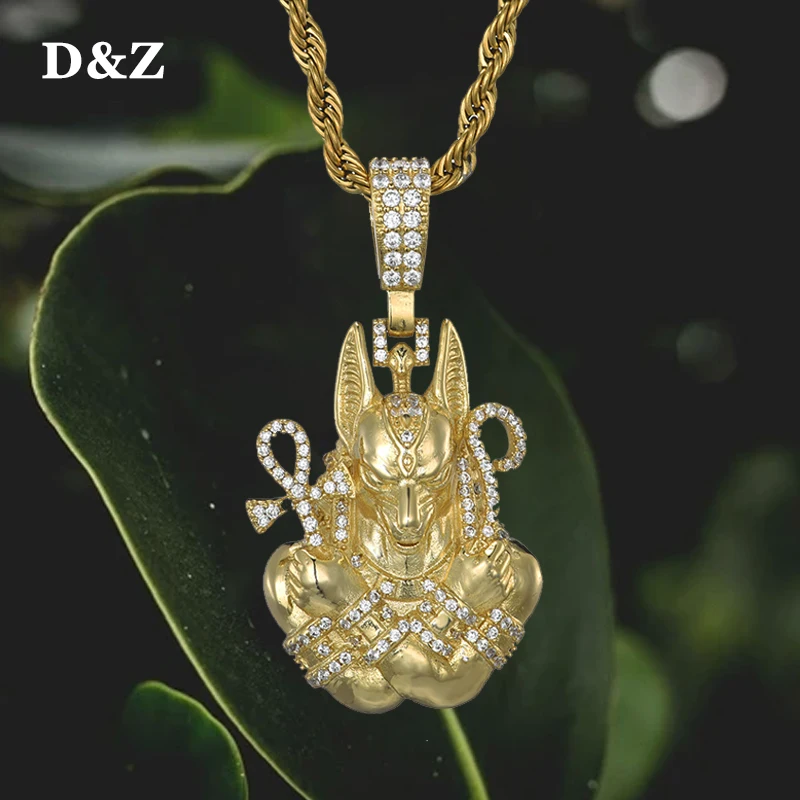 

D&Z Bling Iced Out Micro Paved CZ Ancient Egyptian Anubis with Ankh Cross Pendant Necklace For Men Hip Hop Accessories