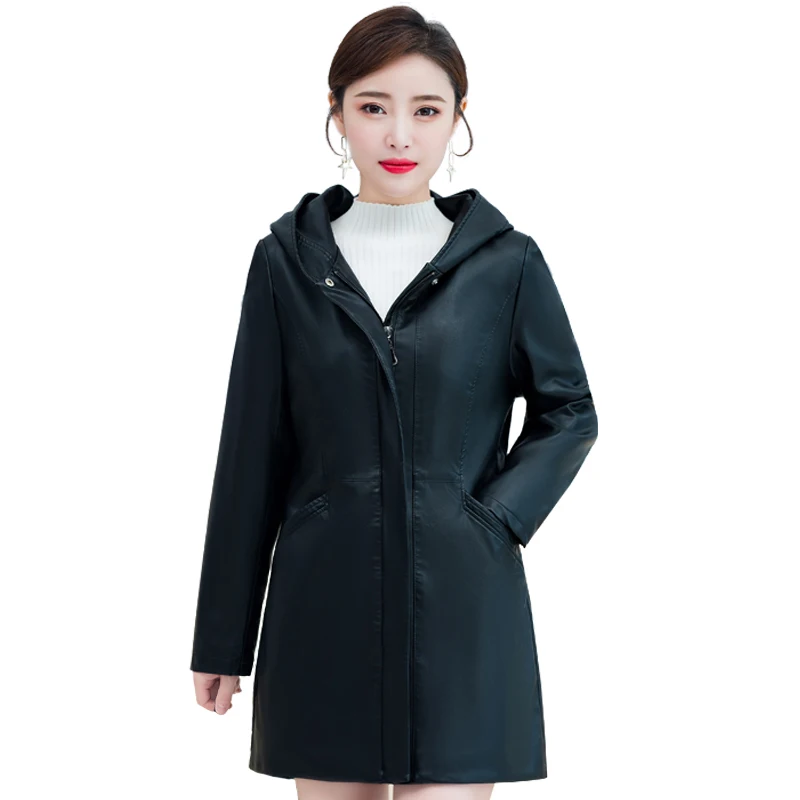 

2021 Autumn Winter Leather Jacket Women Hooded Thick PU Leather Coat Plus Cotton Long Black Coat Female Outerwear