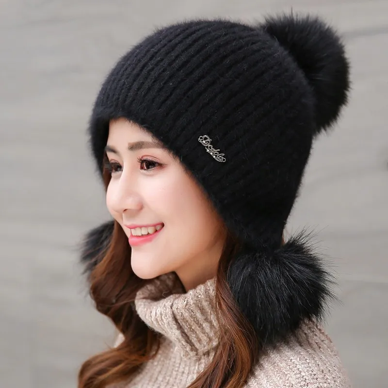Горячая шапка женская зимняя вязаная Мех кролика зимние шапки с меховой