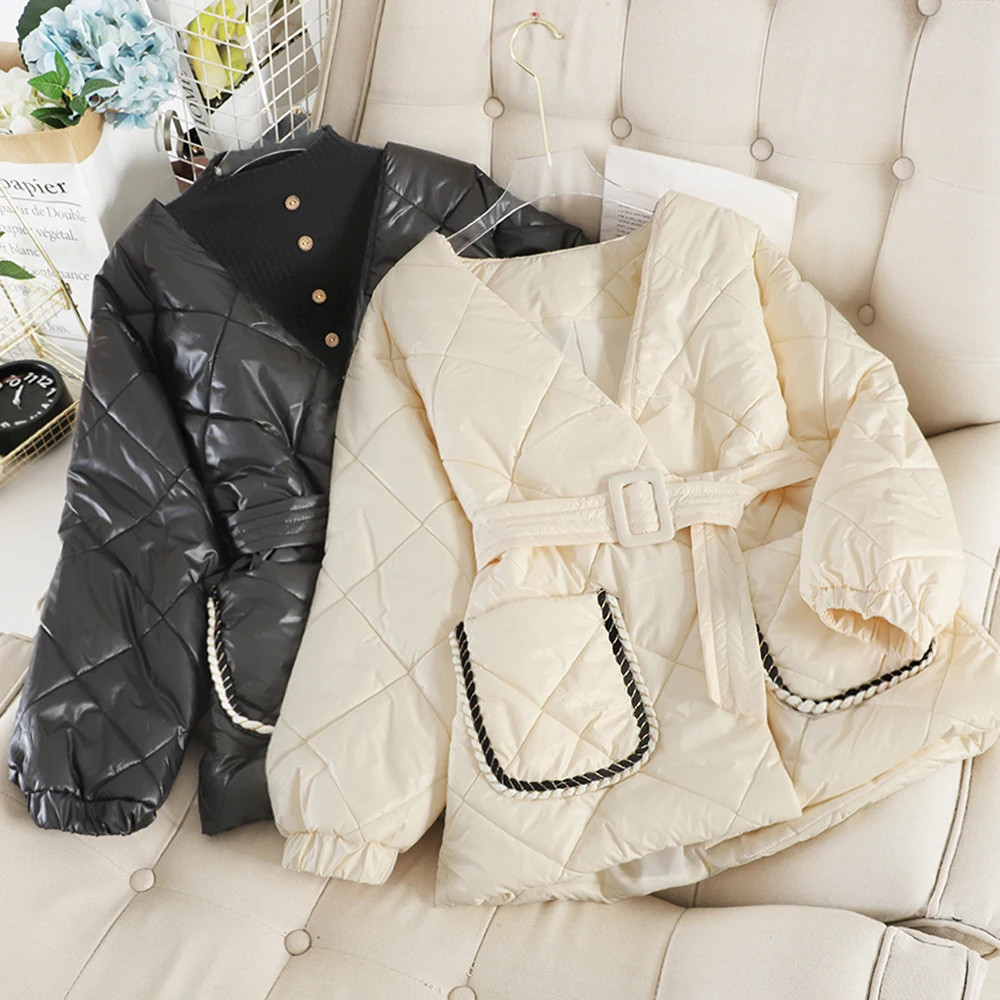 Осенне зимние новые элегантные парки с v образным вырезом и поясом женская