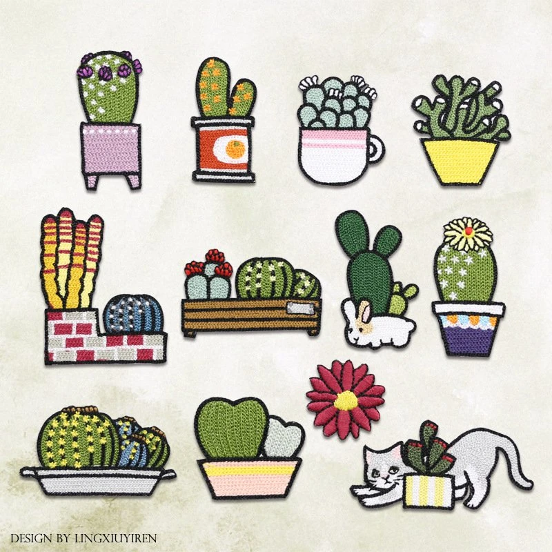 

Cartoon Cactus Botany Flower Patches Cute Cat Iron on Appliques for Clothes Stickers Jeans Diy Repair Jeans Hat Shoes Decor