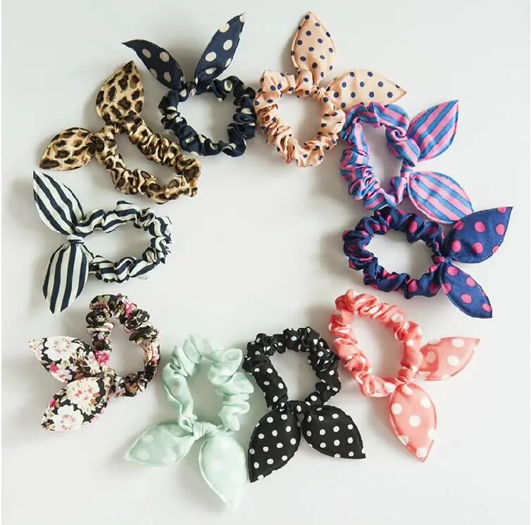 

10pcs Lot Mix Style Clips For Hair Band Polka Dot Leopard Trip Hair Rope Rabbit Ears Headwear Hair Tie girl Hair Accessorie