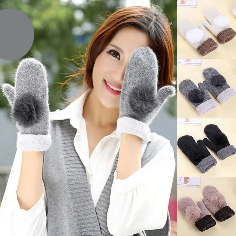 1 пара Женские зимние сапоги на кроличьем меху Перчатки с помпонами женские