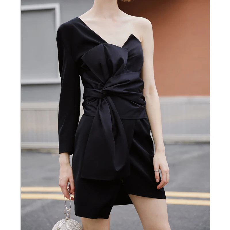 Черное асимметричное мини платье AEL пикантная Летняя женская одежда с глубоким v