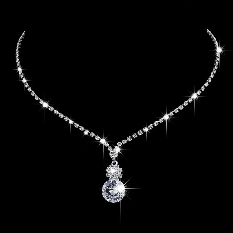 

Water Drop Rhinestone Crystal Silver Color Earring Necklace for Woman Fashion Elegant Bridal Wedding Jewelry Set