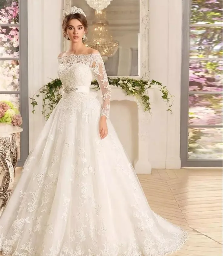 

Full Sleeves Lace Appliques A Line Wedding Dresses Bridal Gowns 2022 with Beads Sash Sweep Train Tulle Long Bride Dress