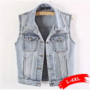 Размера плюс, белый, серый, безрукавный джинсовый жилет, 4xl, 5xl, Летняя короткая приталенная куртка, Женский винтажный однобортный жилет в Корейском стиле