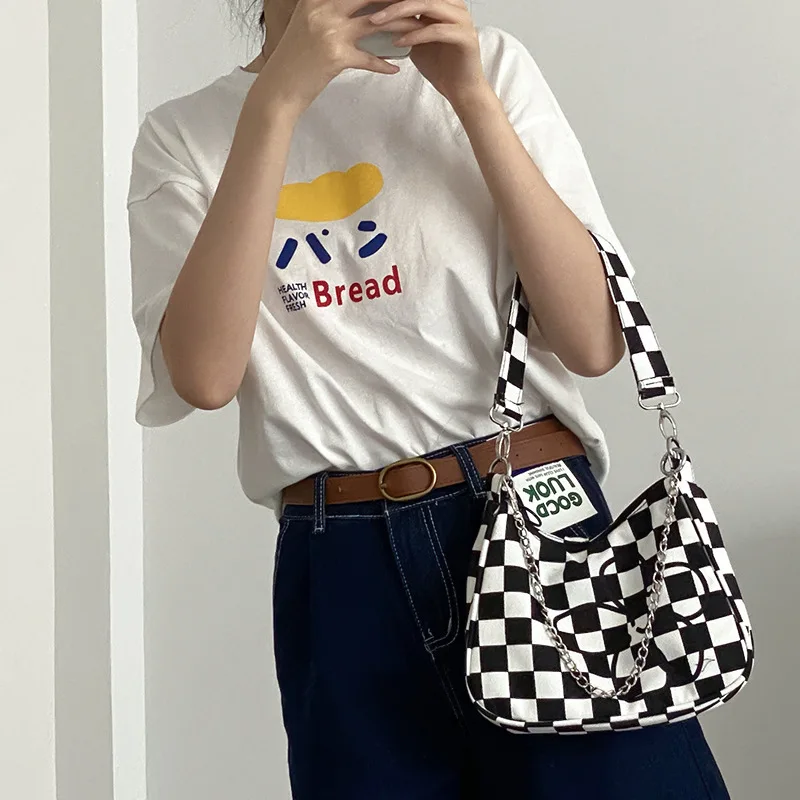 

INS Black And White Plaid Underarm Bags Casual Canvas Clutch Bags Fashion All-match Shoulder Bags