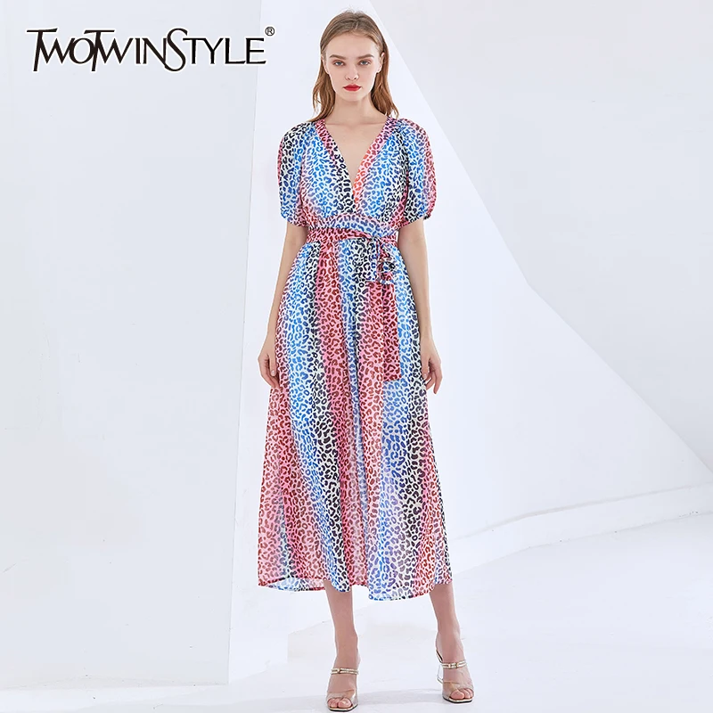 

Женское платье-миди в полоску TWOTWINSTYLE, с V-образным вырезом, короткими рукавами-фонариками, высокой талией и леопардовым принтом, 2021